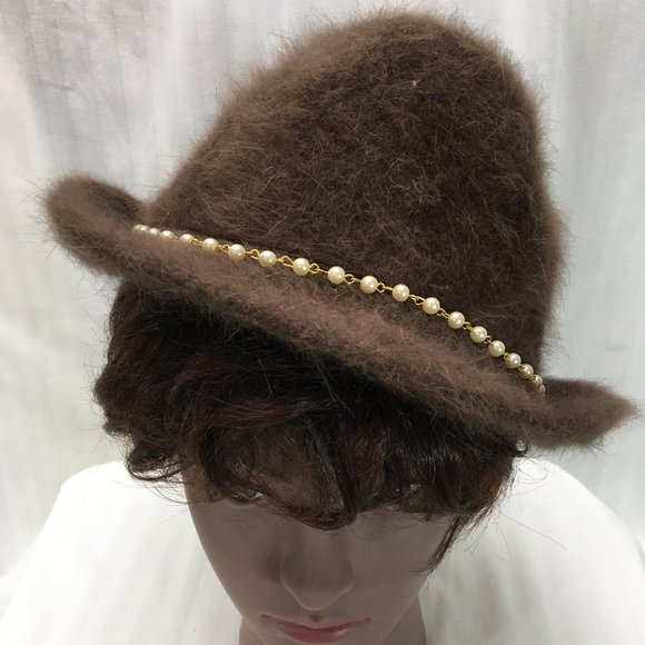 Brown Angora Fedora with Pearl Chain main image 6